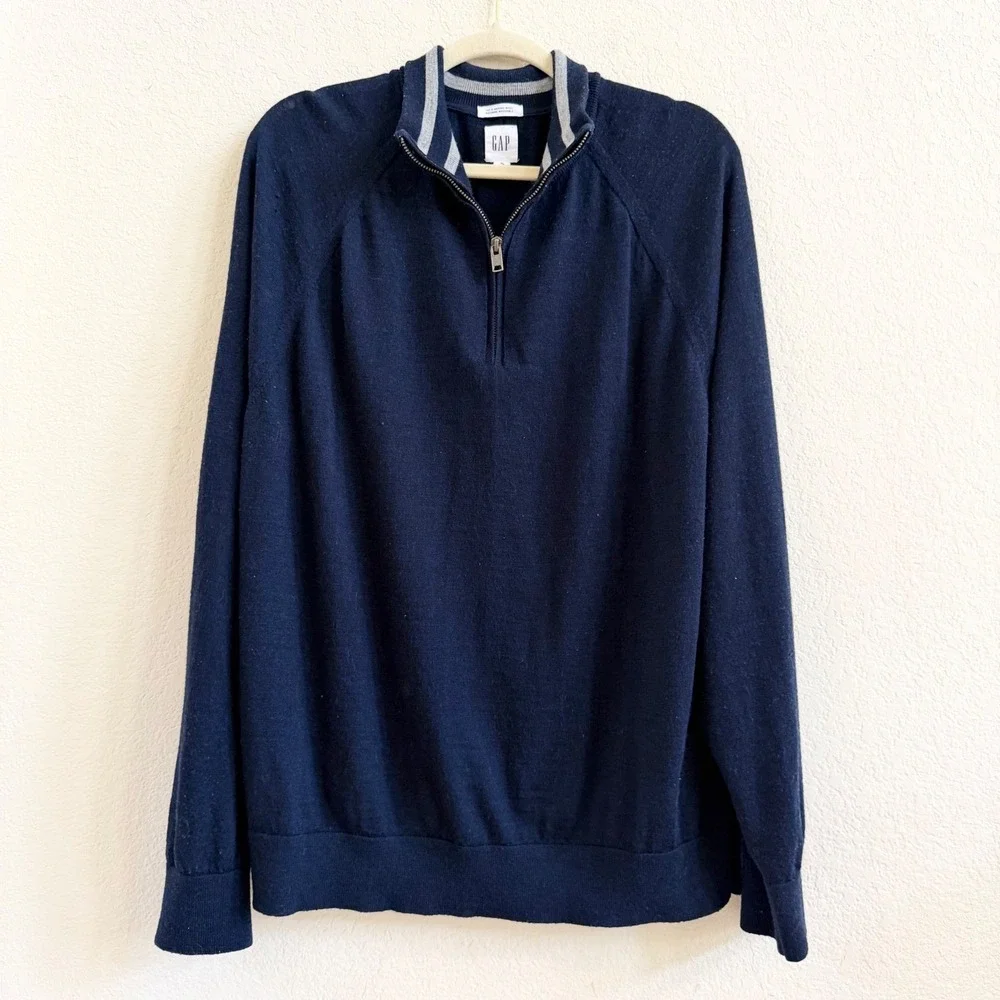 GAP Mens XL Navy Blue‎ 100% Merino Wool Quarter Zip Pullover Sweater Mock Neck
